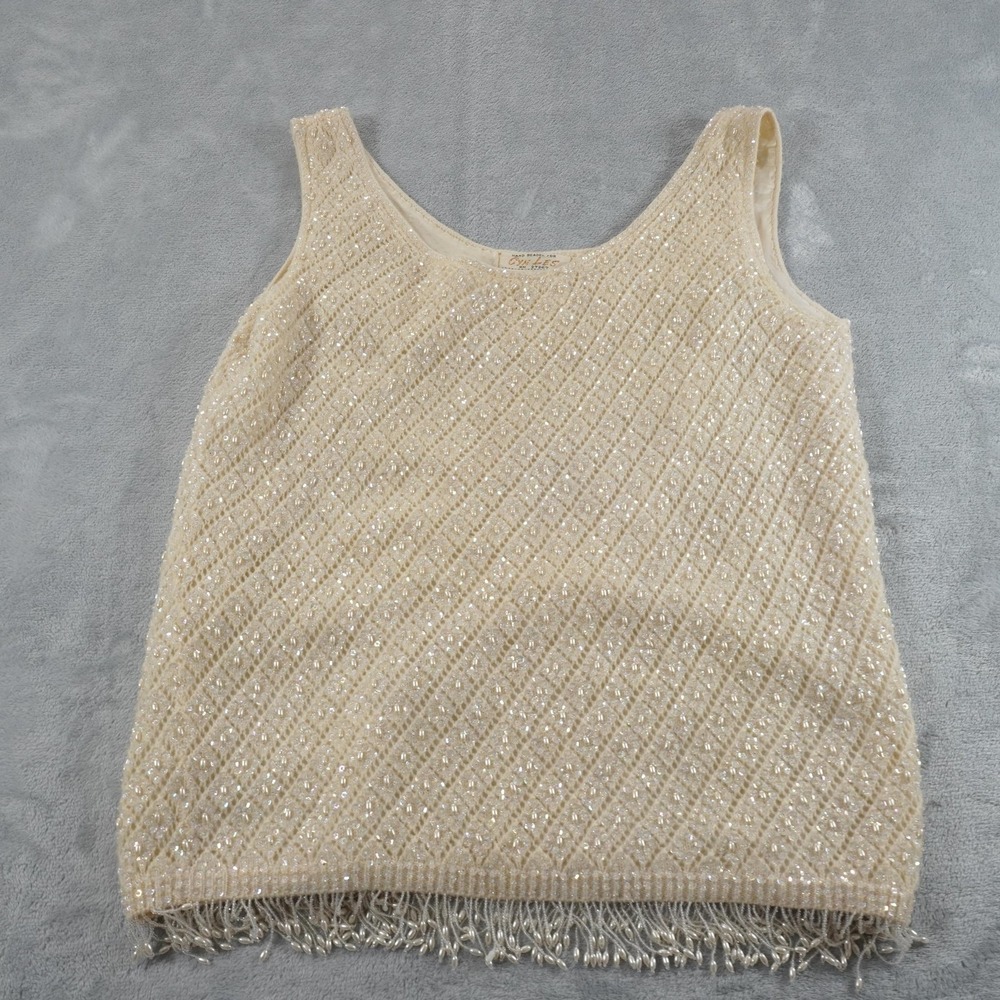 Vintage Hand Beaded Tank Womens 38 M Ivory Sequin Fringe Lambswool Camisole Top - Picture 5 of 13